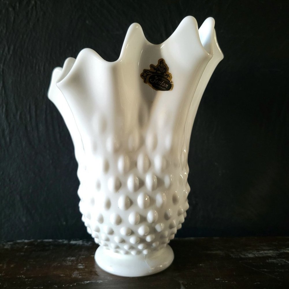 Vtg Fenton Hobnail Handkerchief Vase w/ Original Sticker, White Milk Glass Vase